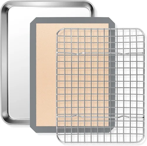 P&P CHEF Bandeja para horno tostador de 9 x 7 x 1 pulgadas con rejilla y alfombrilla de silicona, bandeja para horno tostador de acero inoxidable