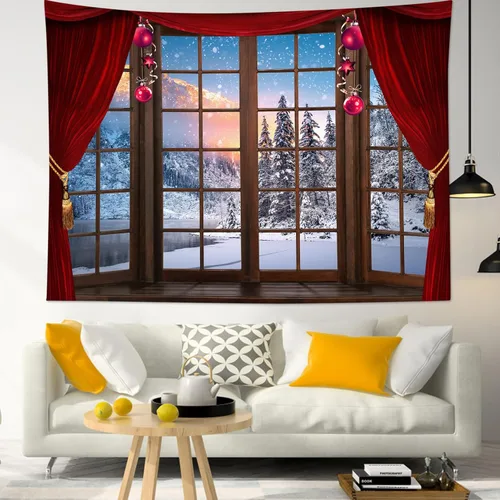Miniatura 8 de LB Tapiz de Navidad de invierno, ventana de invierno exterior, pino nevado en bosque, tapiz de pared para dormitorio, paisaje de montaña, arte