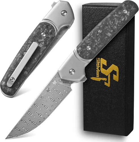 Sitivien ST252 Cuchillo plegable de acero Damasco, hoja de damasco, mango de fibra de carbono de titanio, cuchillo EDC para acampar al aire libre y