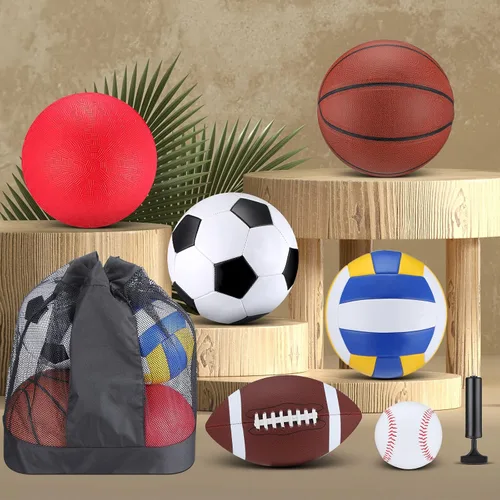 Miniatura 4 de Libima Juego de 6 Pelotas Multideporte de Tamaño Oficial Fútbol Baloncesto Fútbol Soccer Voleibol Pelota de Patio Béisbol con Bolsa de Equipo