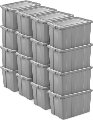 Sterilite Tuff1 - Contenedor de plástico apilable de 30 galones con tapa, resistente a la temperatura y a los impactos, para sótano, garaje, ático,