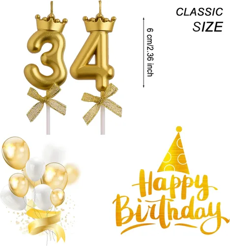 Miniatura 2 de Velas de cumpleaños número 34 y 43, velas doradas para pastel de 43 y 34 años, decoraciones de fiesta de cumpleaños, regalos para mujeres y hombres