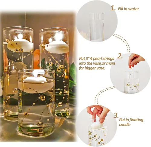 Miniatura 2 de 50 piezas de cadenas de perlas flotantes para velas flotantes, perlas artificiales para relleno de jarrones, decoraciones de mesa para centro