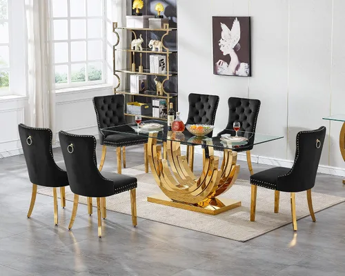 Miniatura 49 de Mesa de comedor moderna de vidrio de 70 pulgadas para 6-8, mesa de comedor de cristal dorado de lujo con base de acero inoxidable en forma de flores