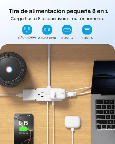 Miniatura 2 de TROND Regleta de alimentación de enchufe plano de 5 pies, cable de extensión plano pequeño con múltiples tomas, 4 puertos de CA y 4 puertos USB