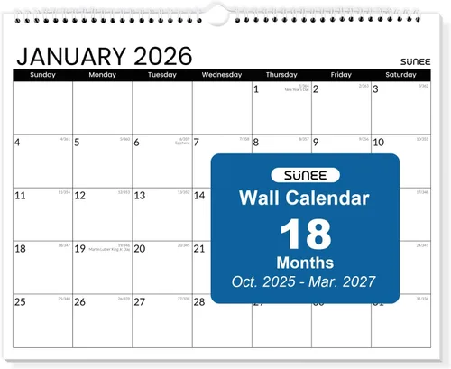 SUNEE Calendario de pared 2026 de 18 meses, octubre de 2025 a marzo de 2027, 14.5 x 11.5 pulgadas, cuadrícula grande para colgar con papel grueso