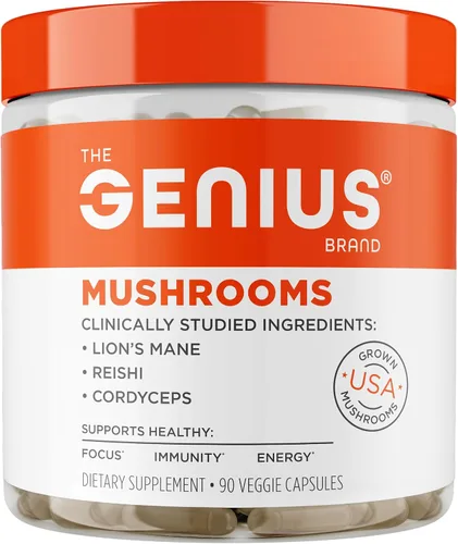 The Genius Brand Genius Mushrooms - Suplemento a base de plantas para el sistema inmunitario, concentración y energía - Mane de León, Cordyceps y