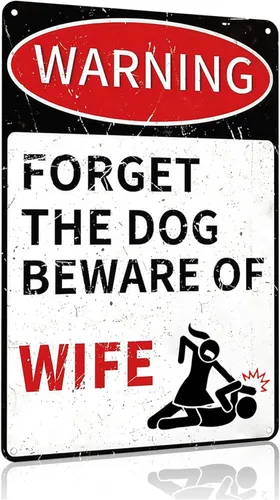 Crzaysign Regalos para Hombres Letrero de Lata Vintage de Advertencia con texto en inglés «Beware of Wife Forget The Dog» para Cueva de Hombre