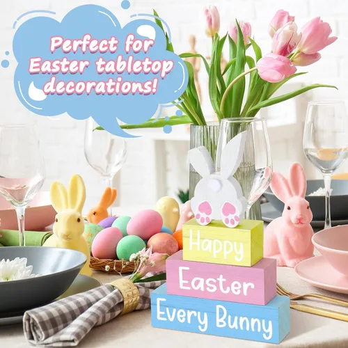 Miniatura 4 de 4 piezas de decoración de mesa de Pascua con texto en inglés «Happy Easter Every Bunny», letrero de madera de conejito pastel, bloques de madera