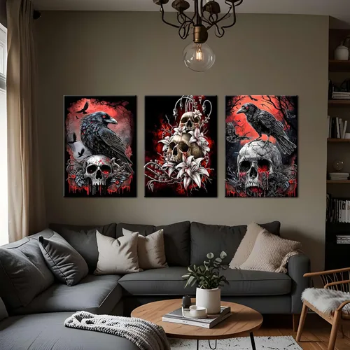 Miniatura 8 de Lienzo de pared de Halloween con marco de madera gótica para sala de estar, juego de 3 impresiones románticas de cuervo y mariposa, decoración