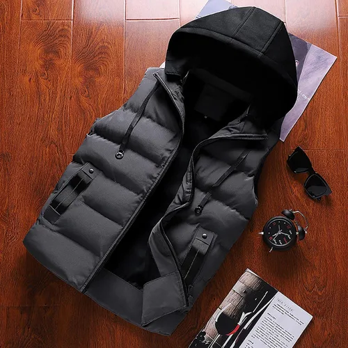 Miniatura 16 de WENKOMG1 Chaleco con capucha con doble cremallera para hombre, abrigo de color sólido, abrigo cálido y grueso, sin mangas, chaqueta suelta