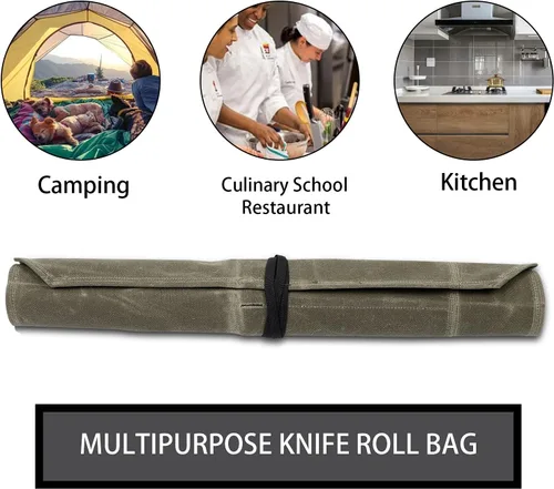 Miniatura 5 de Rollo de cuchillo, bolsa de rollo de cuchillo de chef, estuche de lona encerada para cuchillos con 7 ranuras, envoltura portátil para cuchillos