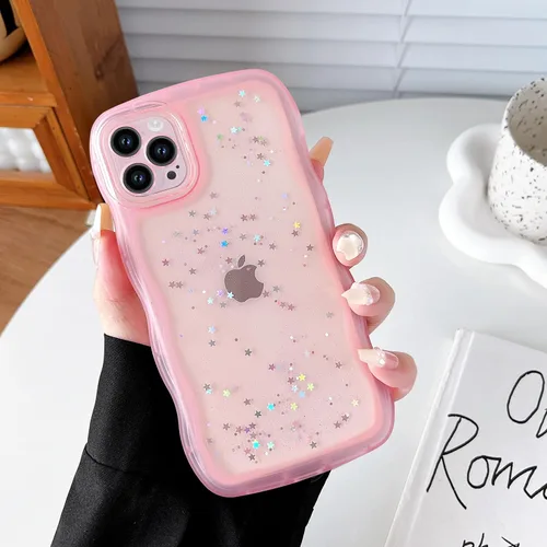 Miniatura 5 de Qokey Funda para iPhone 12 Pro Max de 6.7 pulgadas, diseño de onda rizada, borde transparente, brillante con purpurina, estrella brillante, bonita