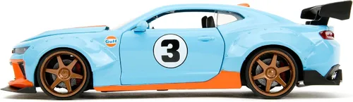 Miniatura 3 de Jada Toys Big Time Muscle 1:24 2016 Chevy Camaro SS Widebody Gulf - Coche fundido a presión, juguetes para niños y adultos (azul/naranja)