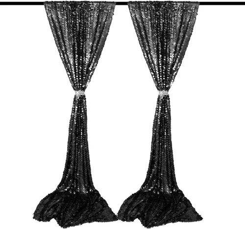 Miniatura 3 de JYFLZQ Cortinas de fondo de lentejuelas negras de 4 x 8 pies, 2 paneles de fondo de pared brillante, fondo de lentejuelas grandes con purpurina