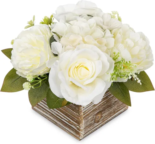 Miniatura 21 de DILATATA Arreglo floral con jarrón de madera, flores artificiales de 10 pulgadas en maceta, flores falsas en jarrón rectangular de madera blanco