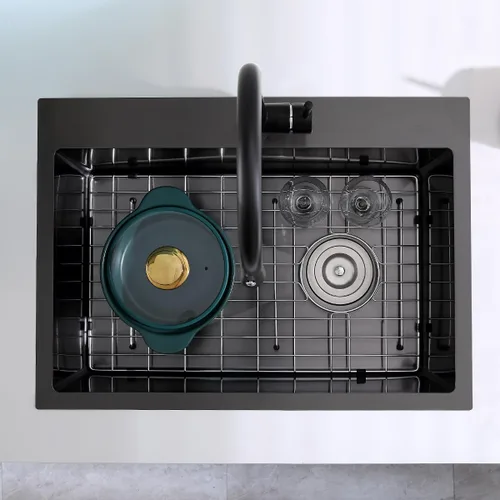 Miniatura 3 de Fregadero de cocina empotrable de 22 x 18 x 9 pulgadas, fregadero de acero inoxidable 304 negro hecho a mano, desagüe descentrado, esquina de radio