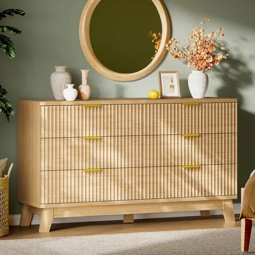 Miniatura 15 de Xixini Cómoda acanalada con 6 cajones, cómoda moderna de 54 pulgadas de ancho con mango de metal, soporte de TV de madera, organizador