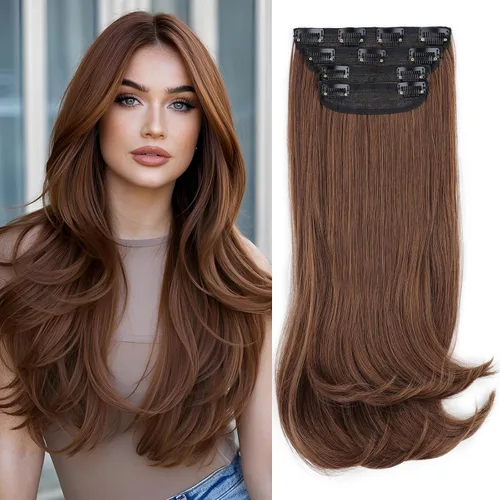 Miniatura 22 de FREEMEIGE 4 piezas de extensiones de cabello con clip, extensiones de cabello largas y gruesas con capas rectas de 20 pulgadas, extensiones