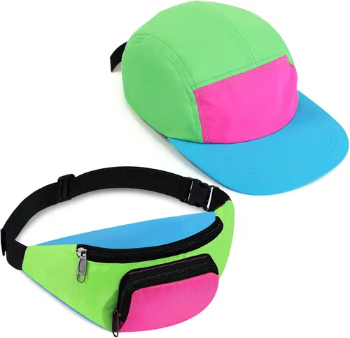 Cindeer Paquete de 2 riñoneras de neón de los años 80 y 90 para mujer, sombrero de neón, cangurera retro para fiesta de los años 80 y 90, festival