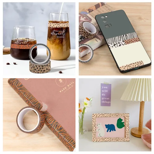 Miniatura 6 de DREMISI 6 rollos de calcomanías de cinta washi con estampado de animales, guepardo, vacas, cebra, jirafa, leopardo, cinta adhesiva decorativa