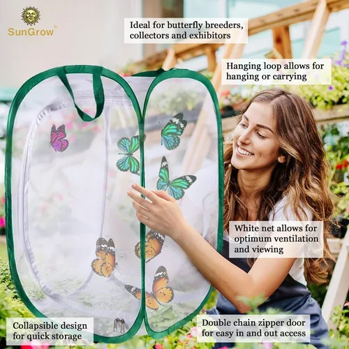 Miniatura 3 de SunGrow Hábitat plegable de mariposa, jaula de mariposa de 24 pulgadas para orugas, granja de creación, recinto para la cría de moscas soldadas