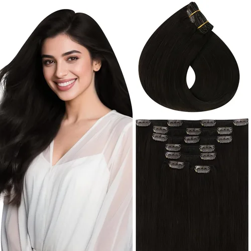 Miniatura 12 de Vivien Extensiones de cabello humano con clip, color negro azabache, extensiones de cabello humano real con pinzas invisibles, doble trama, 14