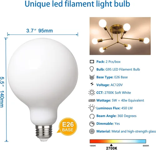 Miniatura 2 de paquete de 2 focos LED Globe G30/G95, foco LED Globe de luz blanca cálida 2700K regulable, equivalente a 5 W, foco LED Globe de 40 W, CRI 90+