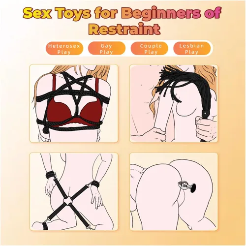 Miniatura 2 de Kits de Restricciones de Bondage Sexual Juguetes BDSM 12 Piezas Esposas Grilletes de Tobillo Tapón Anal Pinzas para Pezones Mordaza de Bola Venda