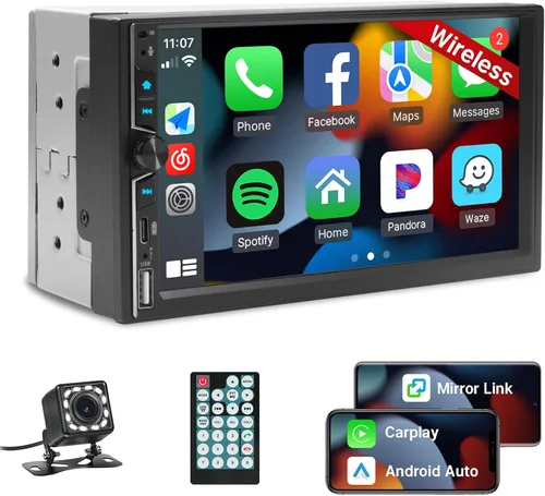 Leadfan Estéreo inalámbrico de doble DIN para automóvil con Apple Carplay, pantalla táctil de 7 pulgadas, receptor de audio para automóvil con