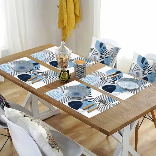 Miniatura 4 de Juego de 4 manteles individuales bohemios con hojas tropicales, de cloruro de polivinilo lavable, color azul, arte abstracto de siglo medio, plantas