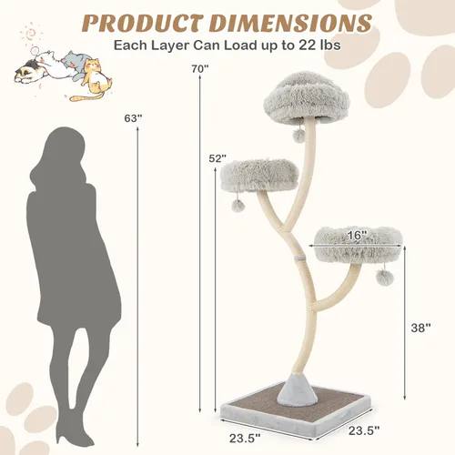 Miniatura 3 de Tangkula Árbol alto para gatos, torre grande de varios niveles para gatos de 70 pulgadas con 3 perchas cálidas, 3 bolas de tintineo, postes Gris