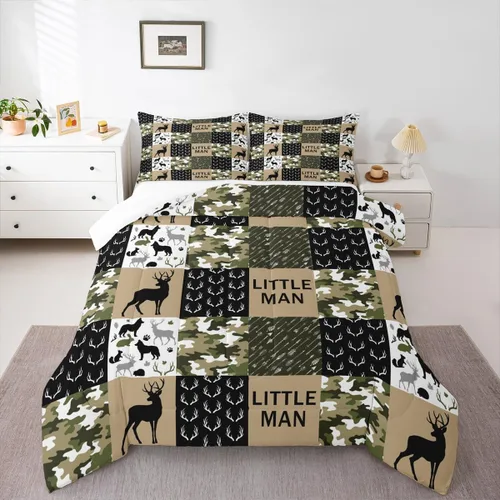 Miniatura 100 de Juego de edredón de cuernos de ciervo tamaño individual, juego de ropa de cama rústica de granja con huellas de oso y pinos para decoración