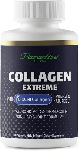 Paradise Herbs Colágeno extremo con colágeno Biocelle, ácido hialurónico y Nature's C, para un cabello, piel y articulaciones saludables, 60 cápsulas