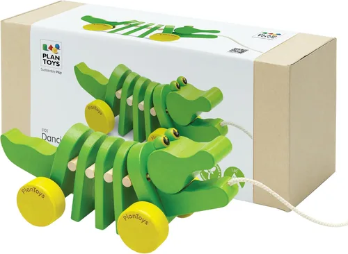 PlanToys® Juguete de Arrastre de Cocodrilo Bailarín para Niños Pequeños | Juguete de Madera Ecológico con Sonido de Clic-Clac | Juguete de Caminar