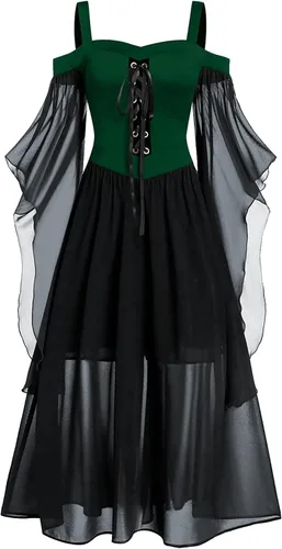 Miniatura 6 de Vestido gótico renacentista para mujer, disfraz de Halloween, hombros descubiertos, encaje y manga de trompeta, vestido medieval steampunk