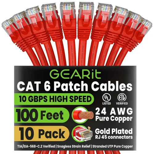 Miniatura 42 de Paquete de Cable Ethernet Cat 6 GEARit - Pack de 10 cables de conexión Ethernet Cat6 de 15 pies Cable de conexión de red RJ45, conectores dorados