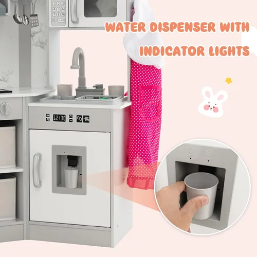 Miniatura 5 de INFANS Juego de Cocina de Esquina para Niños, Set de Cocina de Madera de Juguete para Niños Pequeños con Circulación Real de Agua Corriente, Luz