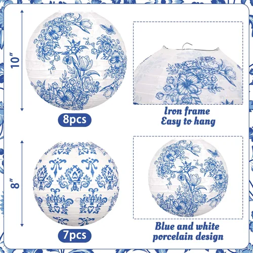 Miniatura 3 de 15 linternas de papel chinas, decoración de chinoiserie, farol de porcelana azul y blanco para colgar para mediados de otoño, festival, fiesta