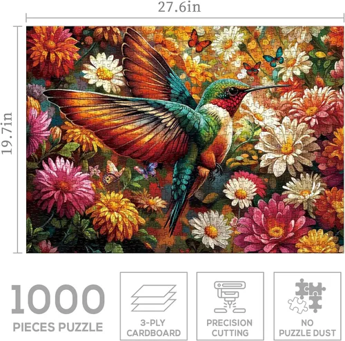 Miniatura 3 de Rompecabezas de flores coloridas de colibrí, 1000 piezas para adultos, pájaro, girasol, mariposa, naturaleza, rompecabezas de plantas, primavera