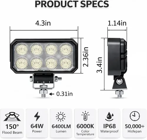 Miniatura 2 de 2 luces LED de trabajo de 4 pulgadas para camiones John Deere, luces de equipo de haz de inundación de 64 W, compatibles con tractores Kubota, luz