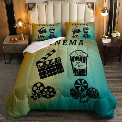 Juego de edredón de cine tamaño individual, ropa de cama vintage de cine para niños, niñas y adultos, juego de edredón de palomitas de maíz,