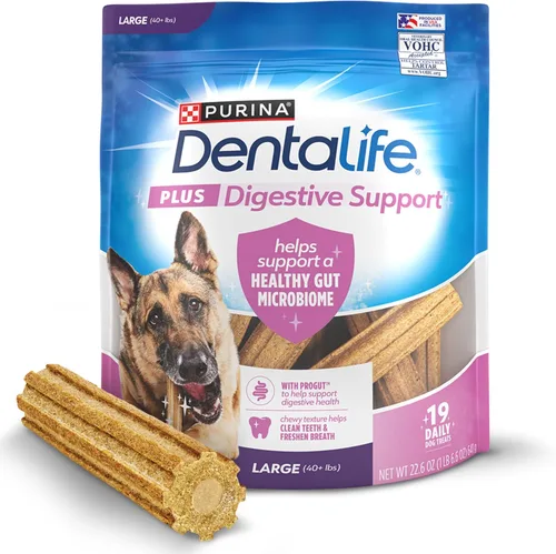 DentaLife Plus - Golosinas de apoyo digestivo para perros grandes de 40 libras en adelante, limpia los dientes, refresca el aliento y apoya el sabor