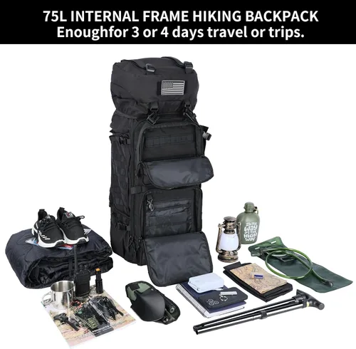Miniatura 4 de Zsearaymy - Mochila de senderismo MOLLE de 75L con marco interno y cubierta de lluvia para táctica, camping, mochilero, viajes de supervivencia Negro