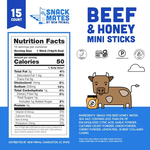 Miniatura 3 de The New Primal Snack Mates - Palitos de carne de res y miel, snacks saludables para niños, bajos en azúcar y altos en proteínas para la vuelta a