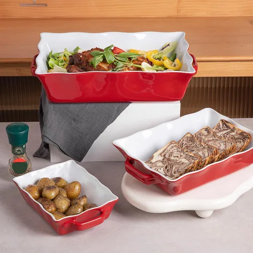 Miniatura 3 de Sweejar - Platos de cacerola para horno, juego de 3 utensilios de cerámica, molde rectangular de hornear con asas, molde para lasaña de borde rojo