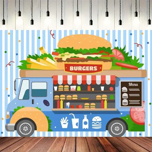 Miniatura 2 de Fondo de hamburguesa para camión de comida rápida, postre de tienda, hamburguesas, papas fritas, bebidas, fotografía, telón de fondo para niños