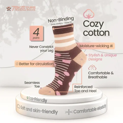 Miniatura 10 de 7BIGSTARS KINGDOM Women's Cotton Quarter Non-Binding Diabetic Fashion Socks-L-M-4 Pack-Multicolor