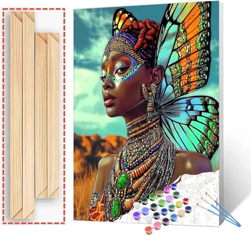 Miniatura 40 de Pintura de niña afro a la moda, kits de pintura por números, 16 x 20 pulgadas, lienzo de hojas tropicales, pintura al óleo para niños y adultos