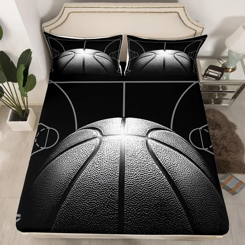 Miniatura 29 de Erosebridal Sábana bajera ajustable de béisbol, sábanas deportivas de sóftbol 3D para niños, juego de cama de retazos geométricos deportivos
